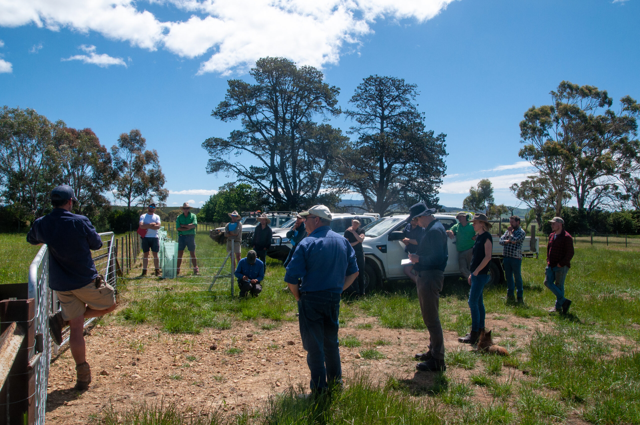 A group of people and cars on a farm listening to a person talking